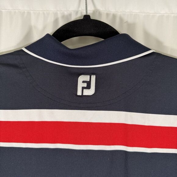 Footjoy Golf Polo Juniors Large Navy Blue Striped Short Sleeve 1/4 Button Tech - Picture 8 of 9